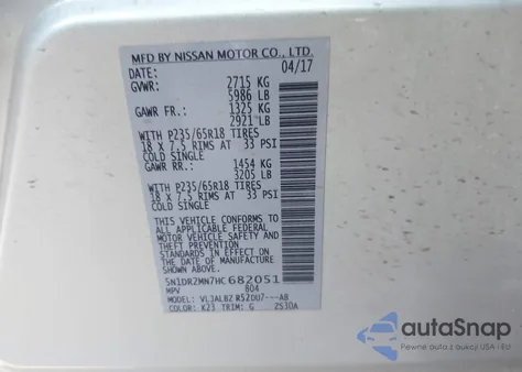 2017 Nissan Pathfinder S из США, поврежденный, VIN 5N1DR2MN7HC682051